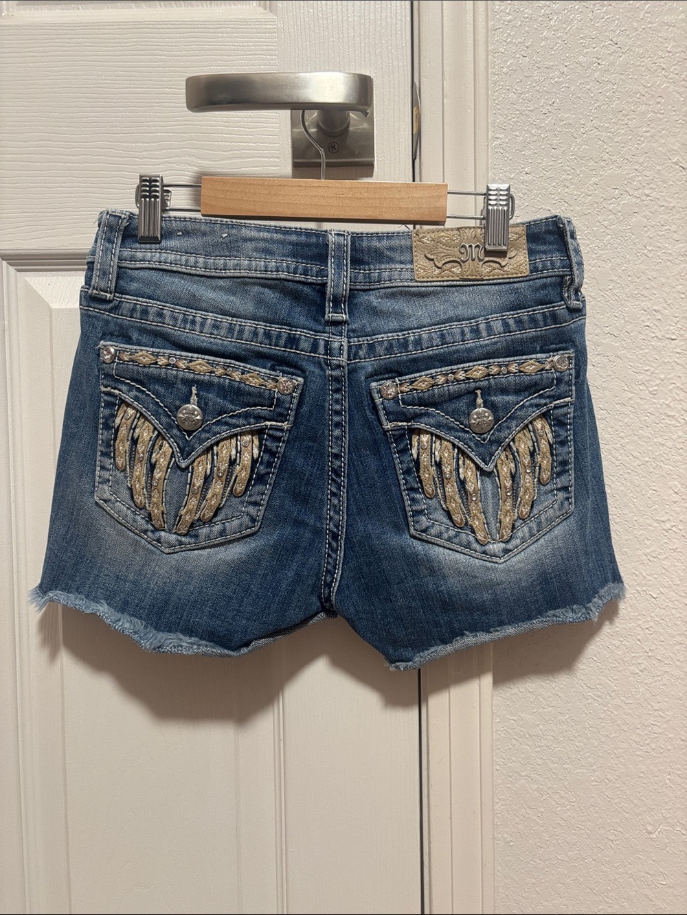 Miss Me Blue Denim Shorts with Gold Embellished Pockets